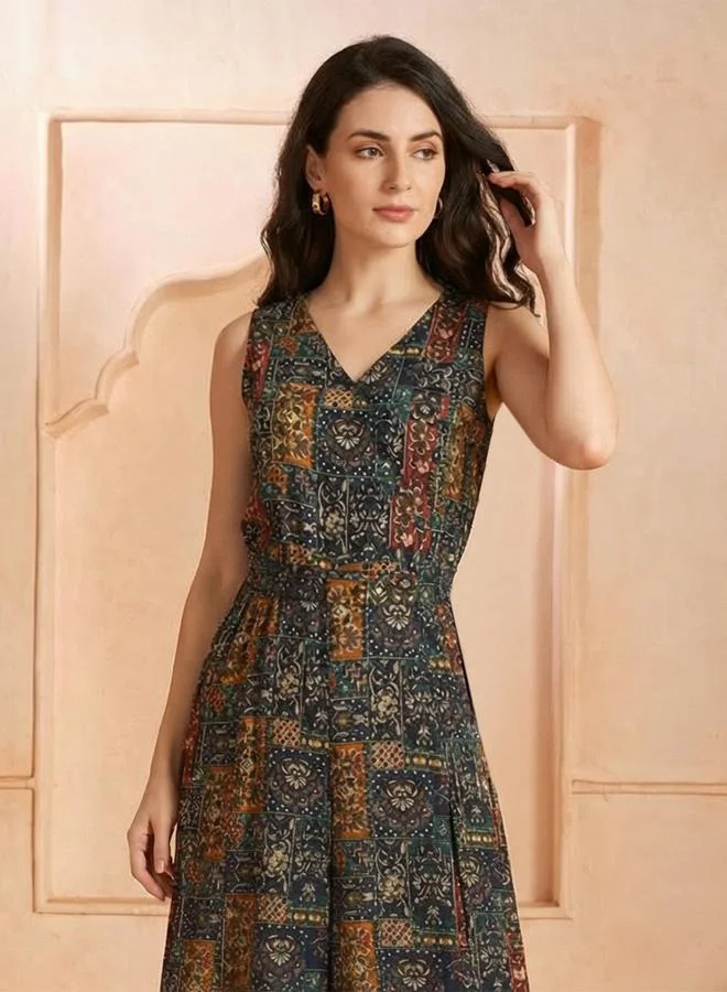 globus Multi Ethnic Print Belted Fusion Wide Leg Jumpsuit